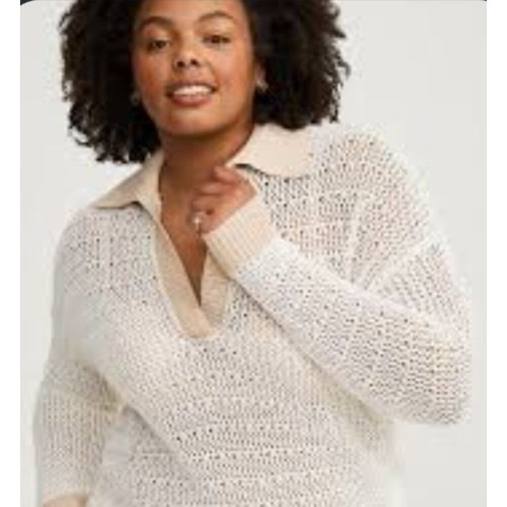 TORRID Open Knit Collared Sweater 2X White Beige V-Neck Pullover Coastal Preppy